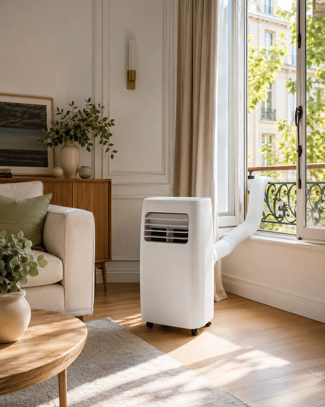 Climatiseur mobile Klim posé dans un salon lumineux, à côté de la fenêtre