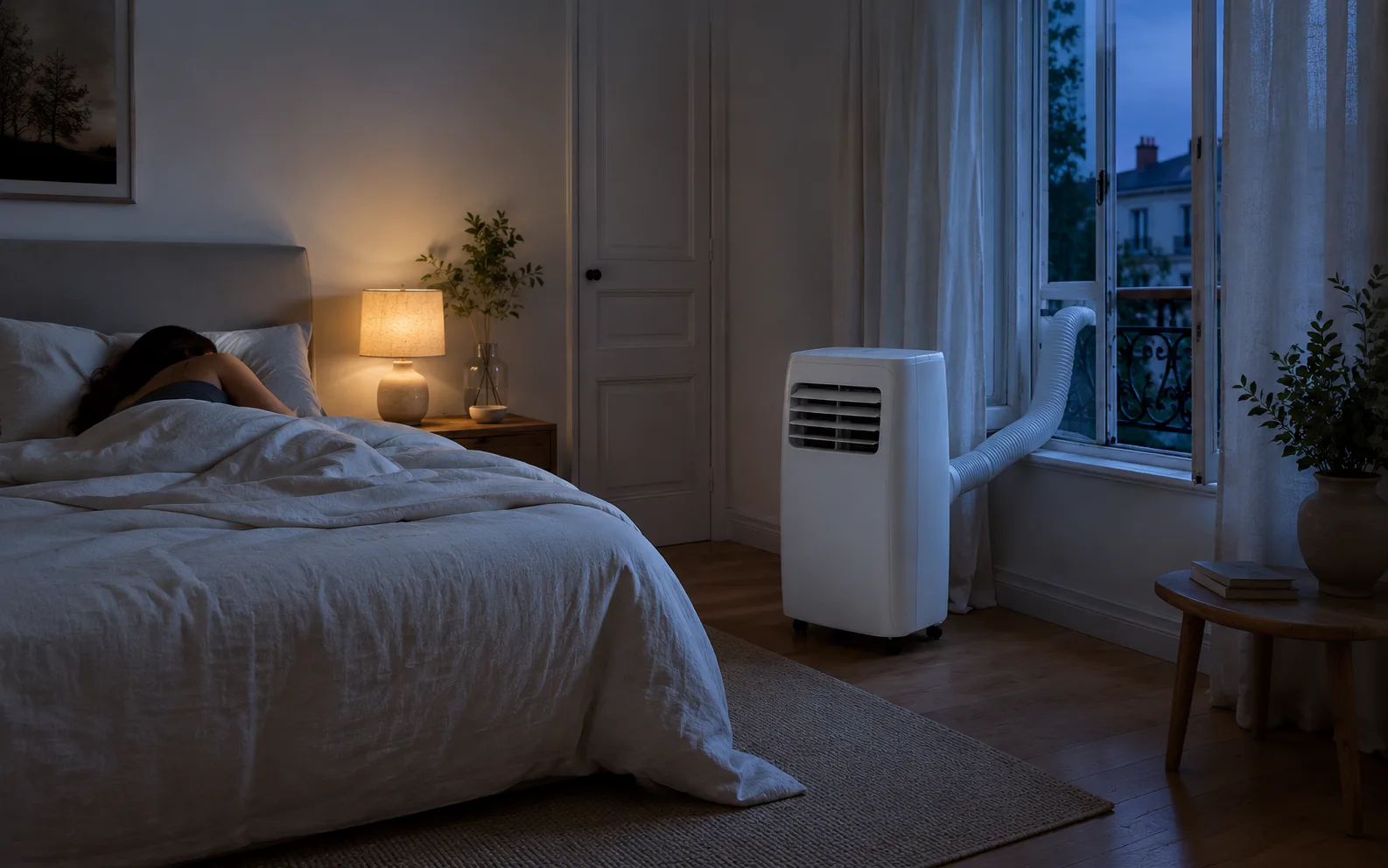 Chambre paisible la nuit, climatiseur mobile Klim en marche près de la fenêtre