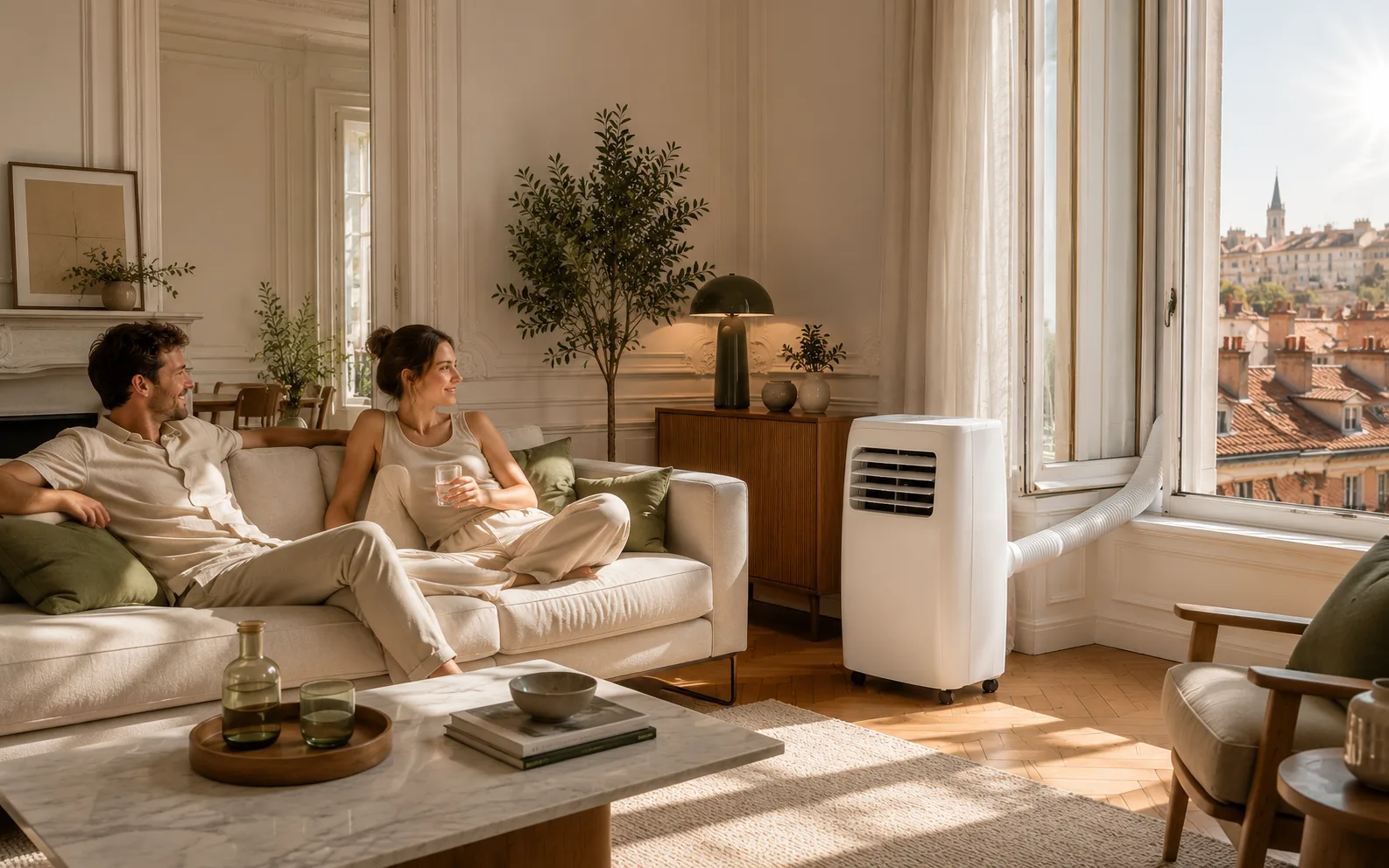 Couple détendu dans un salon lumineux à Lyon, au frais grâce au climatiseur mobile, toits de Lyon par la fenêtre